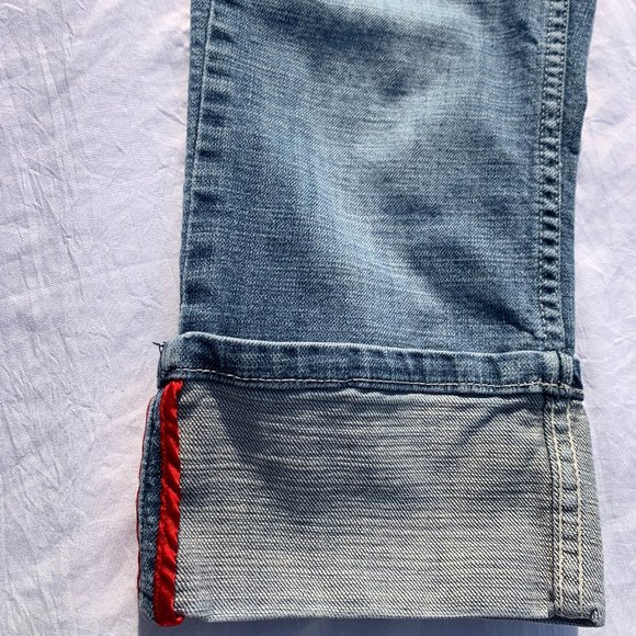 Eckored Denim Riveted Capri Large Cuff Red Seem Jeans Distressed - Picture 6 of 15